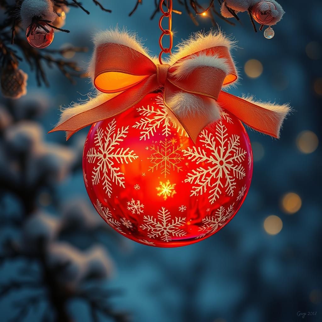 Red Christmas Ornament with Snowflakes in Golden Light