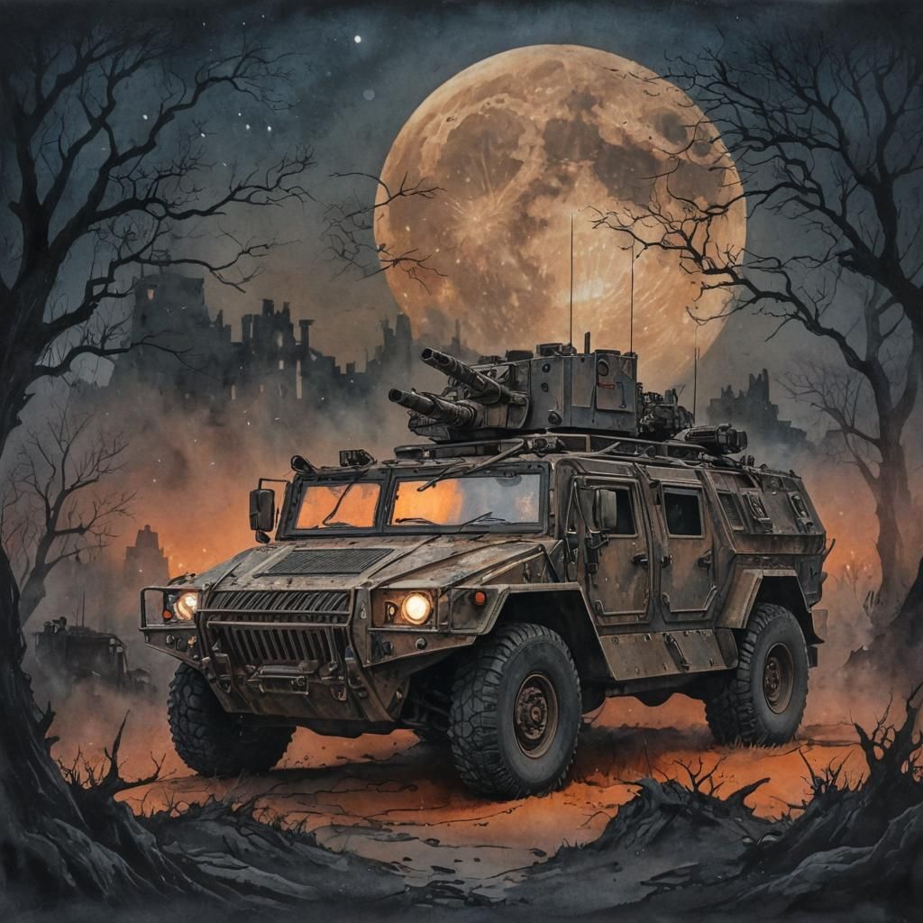 Armored Vehicle in Surreal Dreamscape, Watercolor Illustrati...