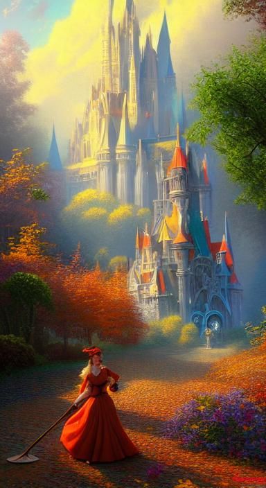 Woman Raking Red Leaves: Hyperrealistic Digital Art