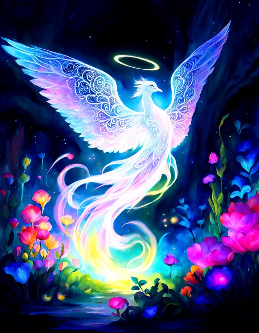 Divine Winged Creature of Sparkling Ether in Vibrant Fantasy...