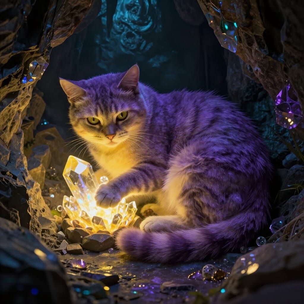 Cat and Crystal in Mystical Cave with Teal and Purple Light