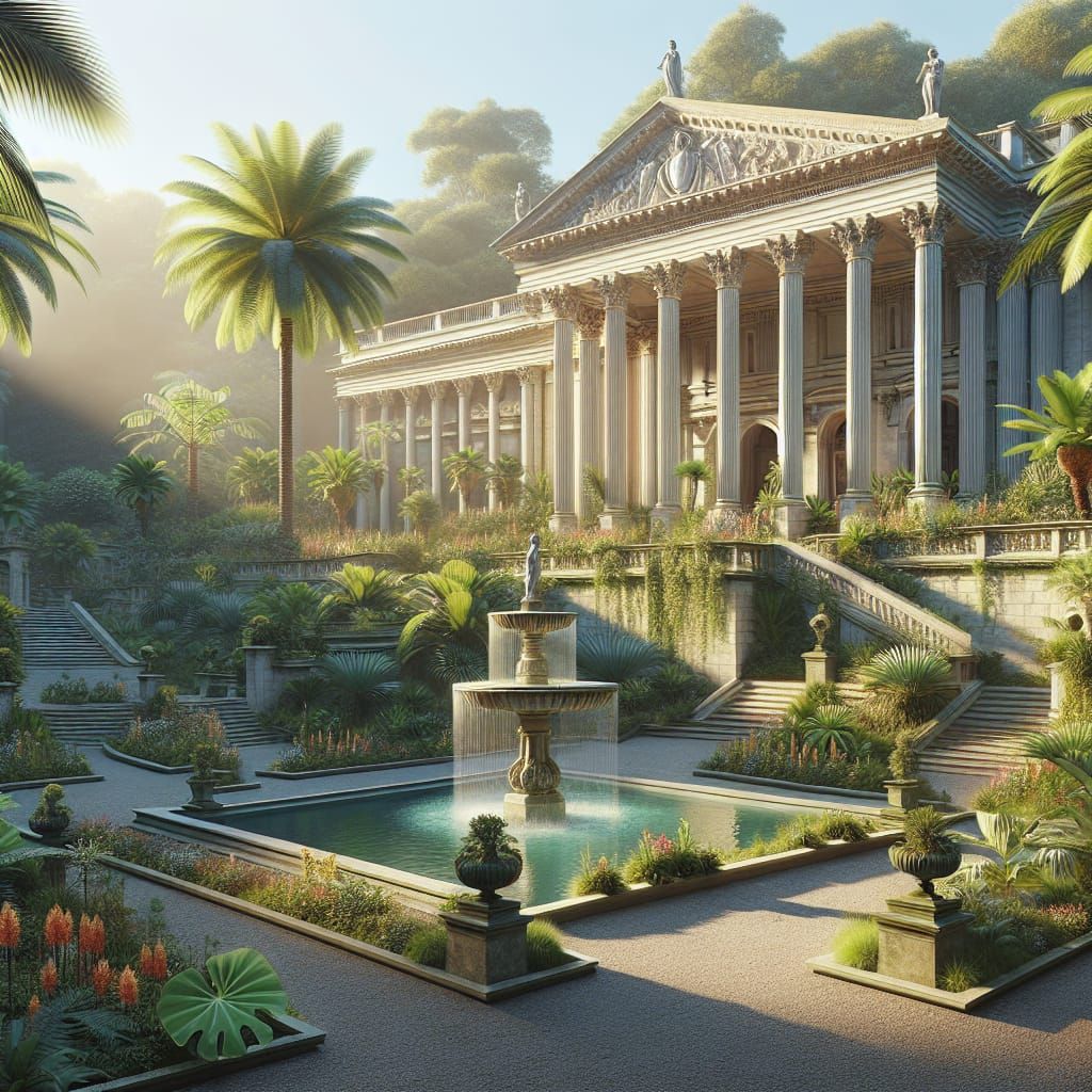 an astonishing neoclassical mansion, over looking a courtyard lush with tropical plants and a impressive water feature
