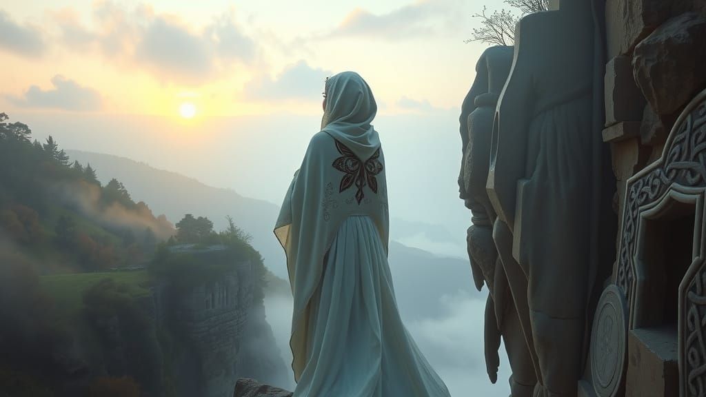 Whimsical Dreamer on Cliffside in Pastel Hues