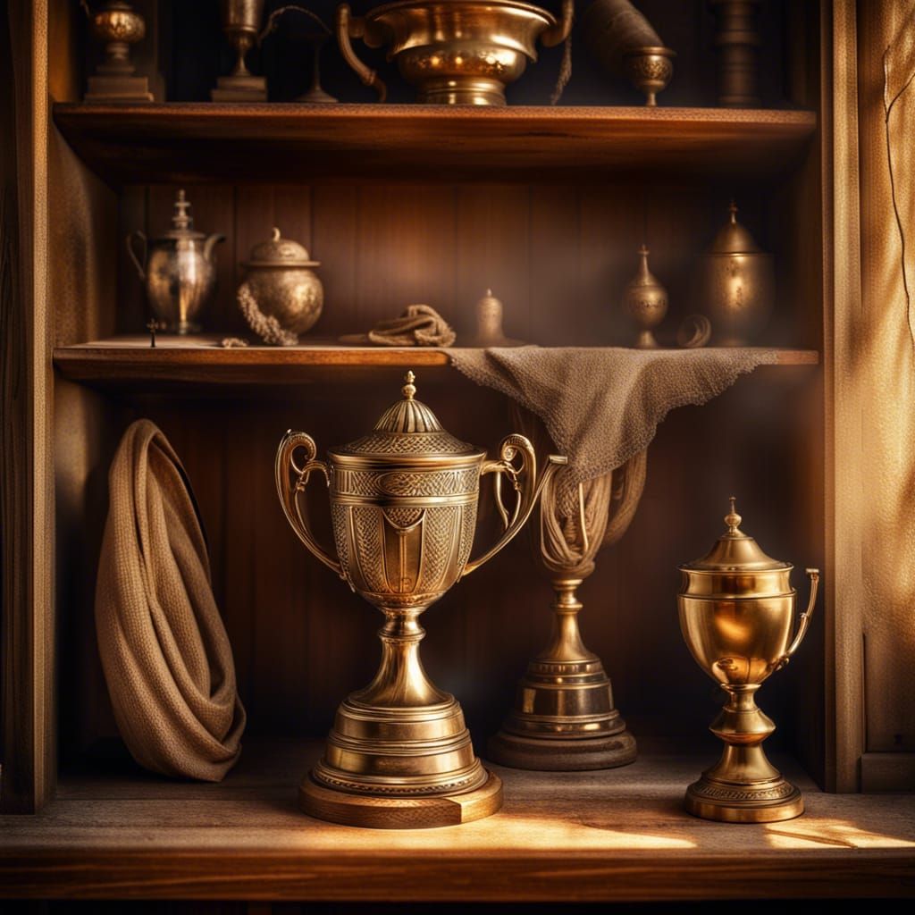 Dusty Trophy Cup on Wooden Shelf