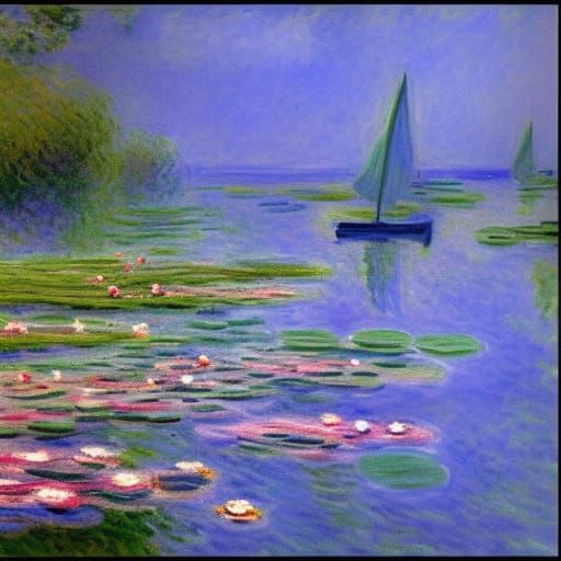 Sailboats Among Water Lilies: An Impressionist Oil Painting