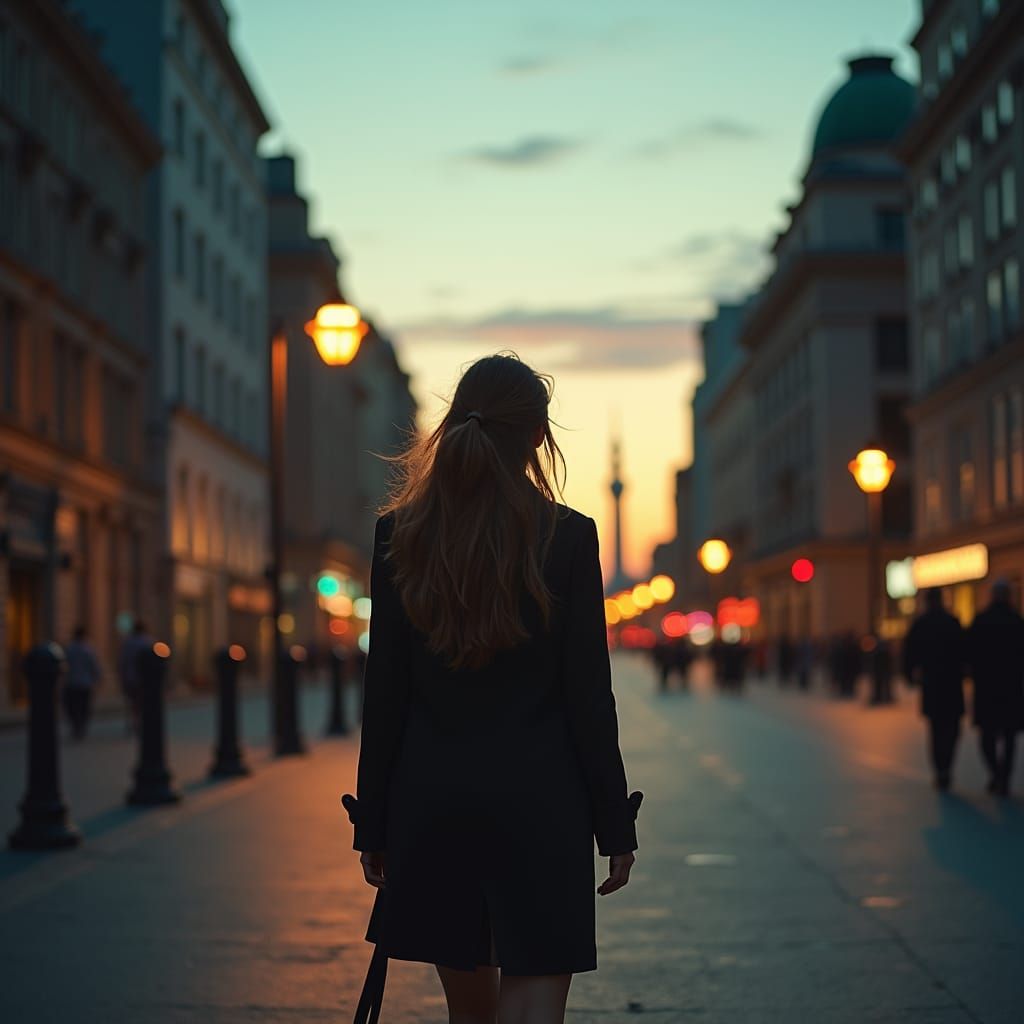 Woman Walks City at Dusk: Cinematic Film Still