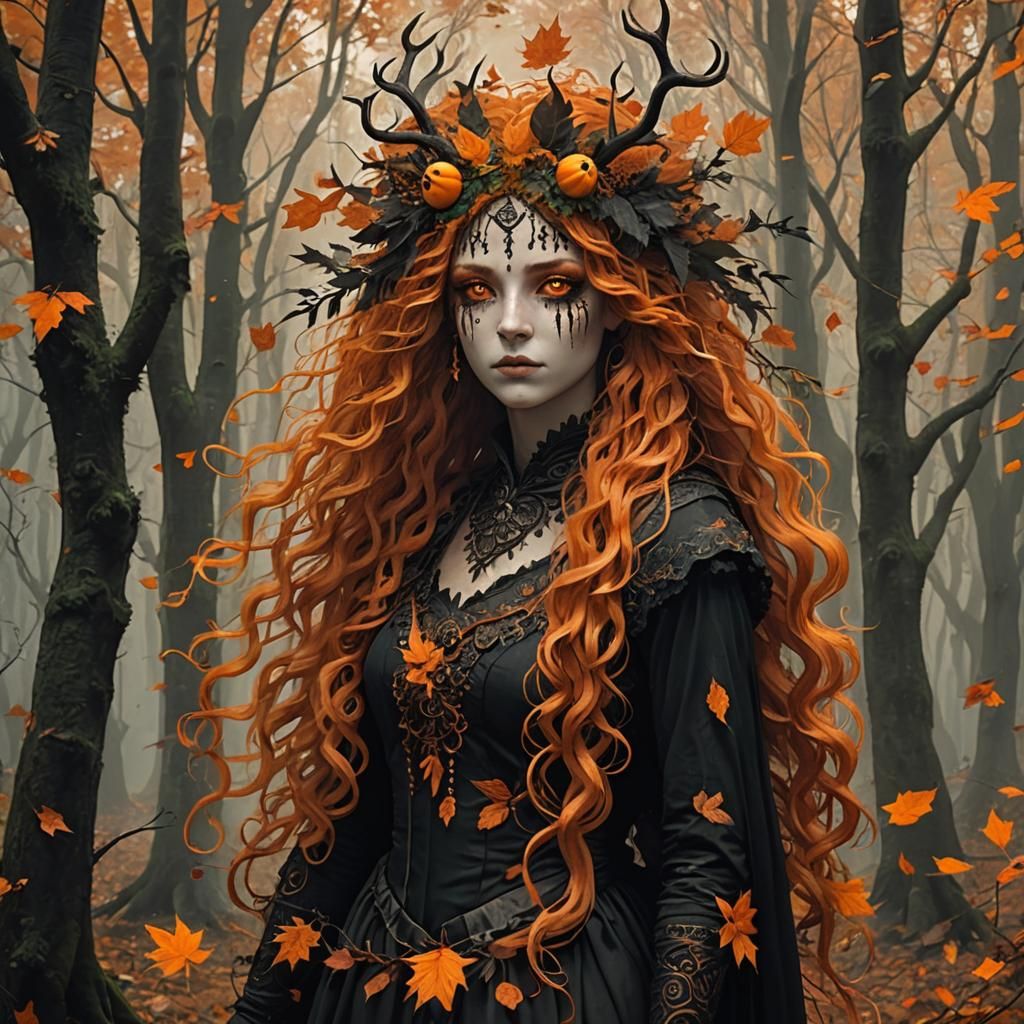Dark Forest Spirit with Orange Hair and Leaves