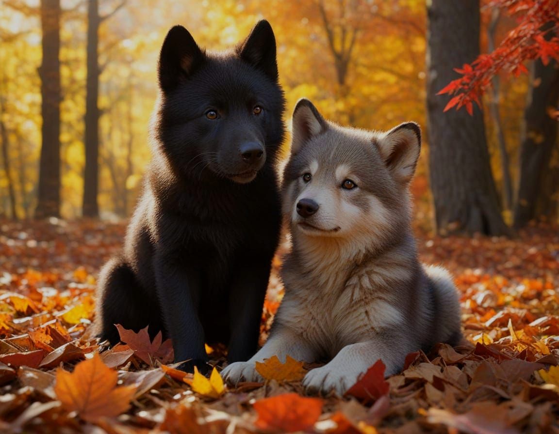 Wolf Puppy and Bear Cub Play in Autumn Leaves