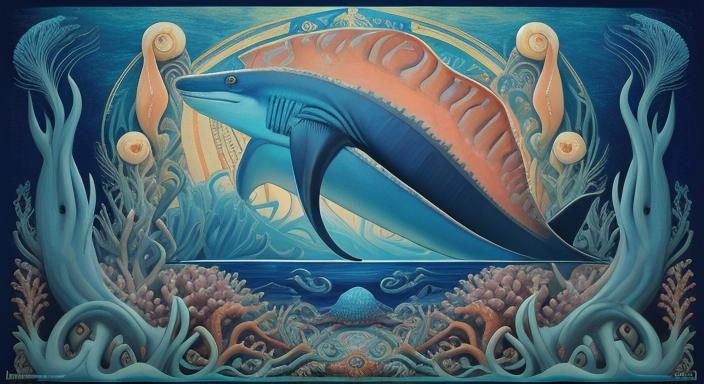 Megalodon in Deep Ocean: Art Nouveau Poster