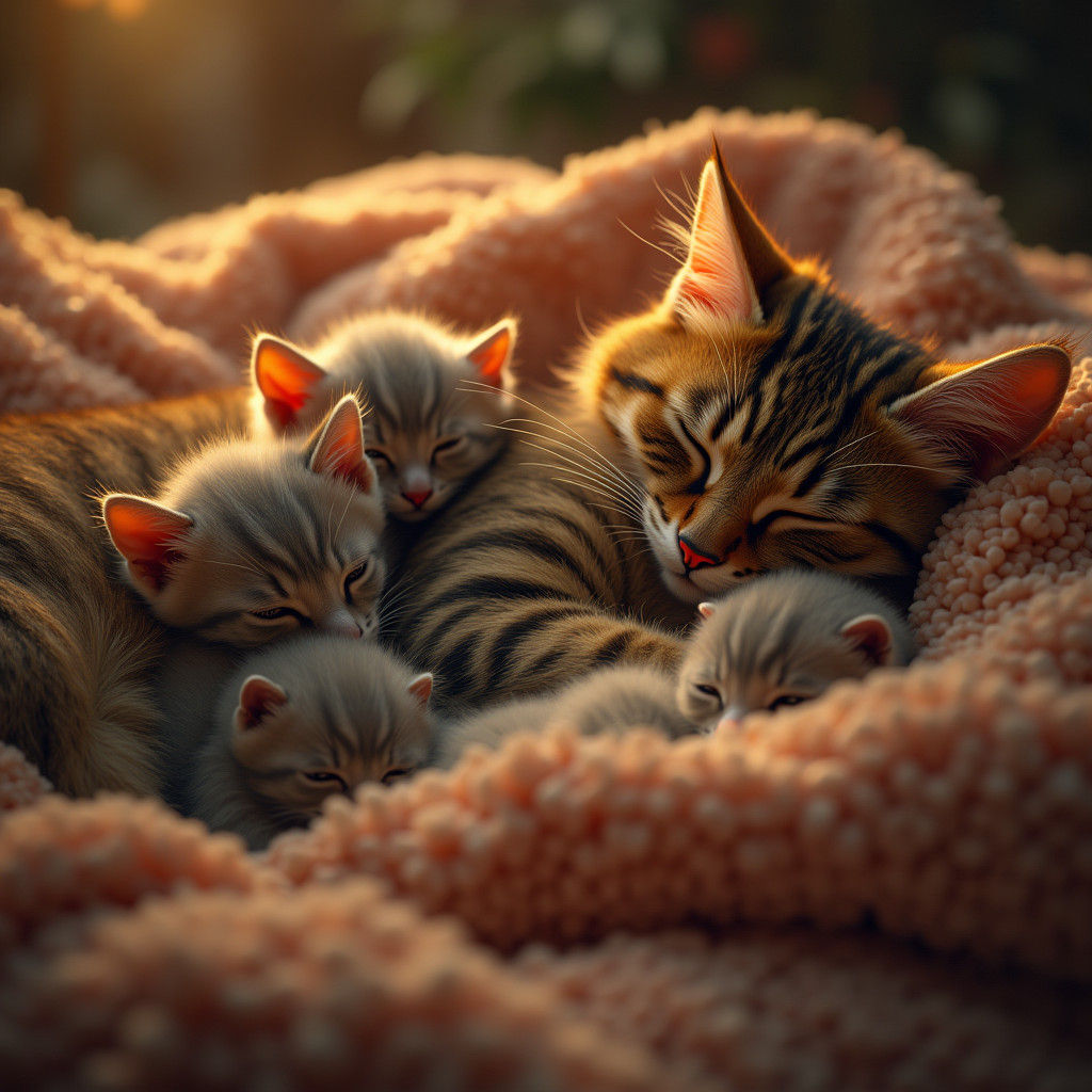Mother Cat and Kittens in Dreamlike Fantasy Style
