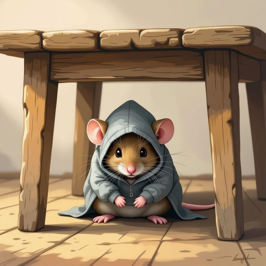 Mouse in Hoodie Hiding, Atmospheric Digital Art
