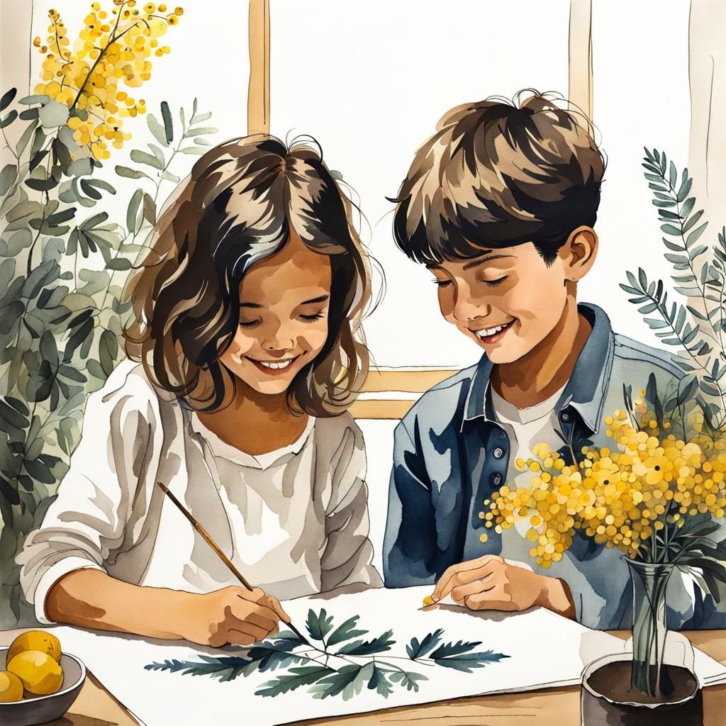 Children Painting Herbarium with Botanical Ink Drawings