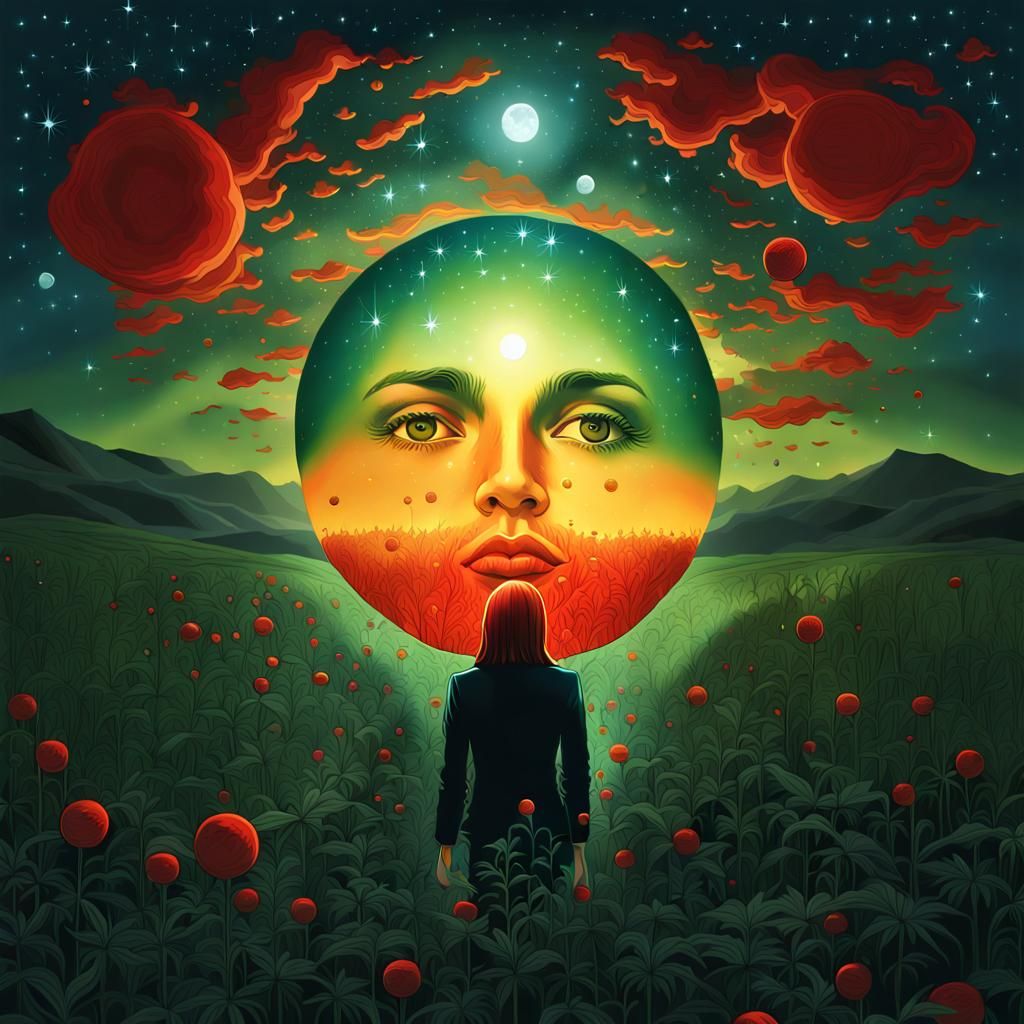 Surreal Red Transparent Woman in Field at Night