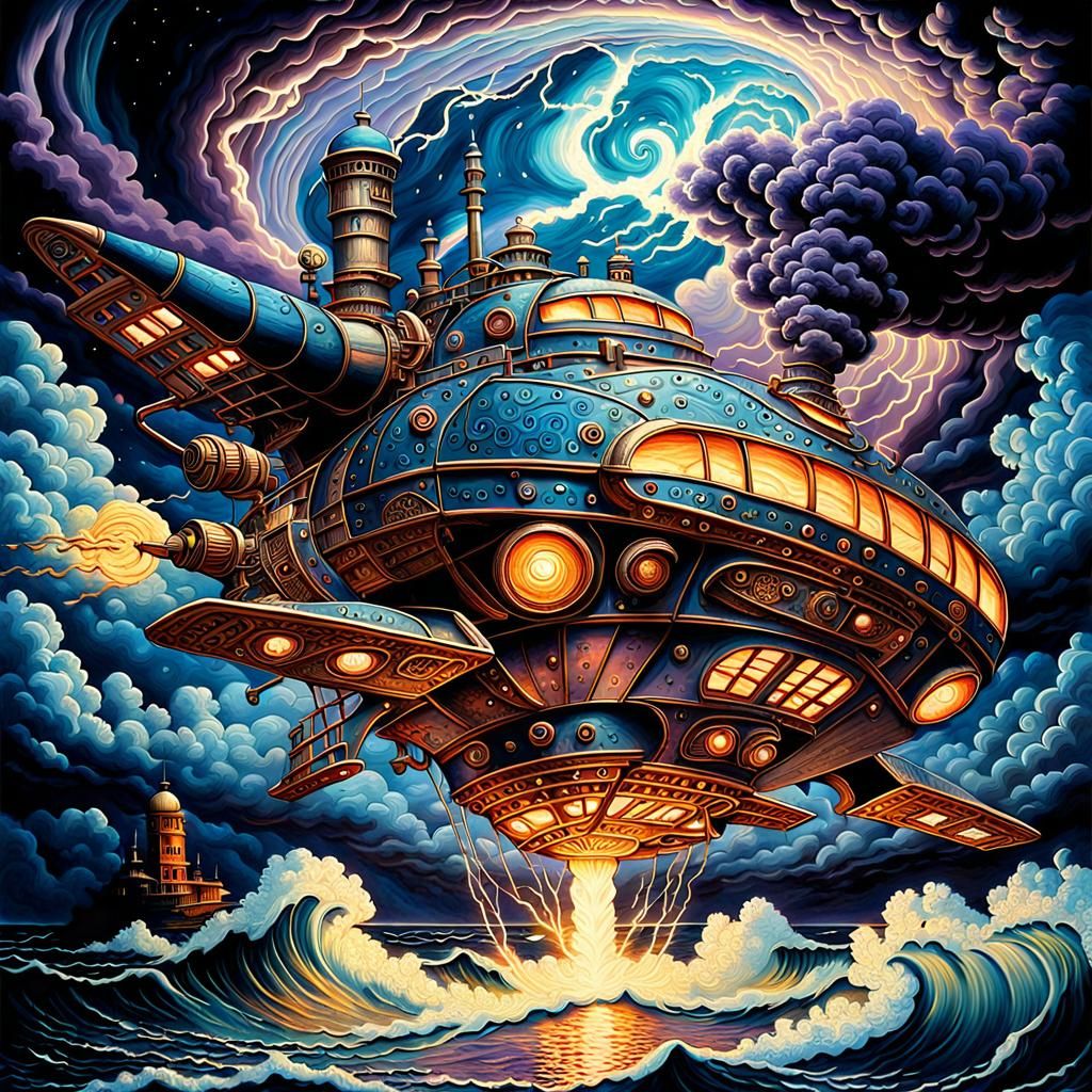 Maxfield Parrish inspired  low-flying  Steampunk alien spacecraft