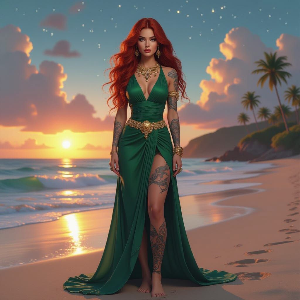 A mystical woman with long, wavy red hair standing on a beac...