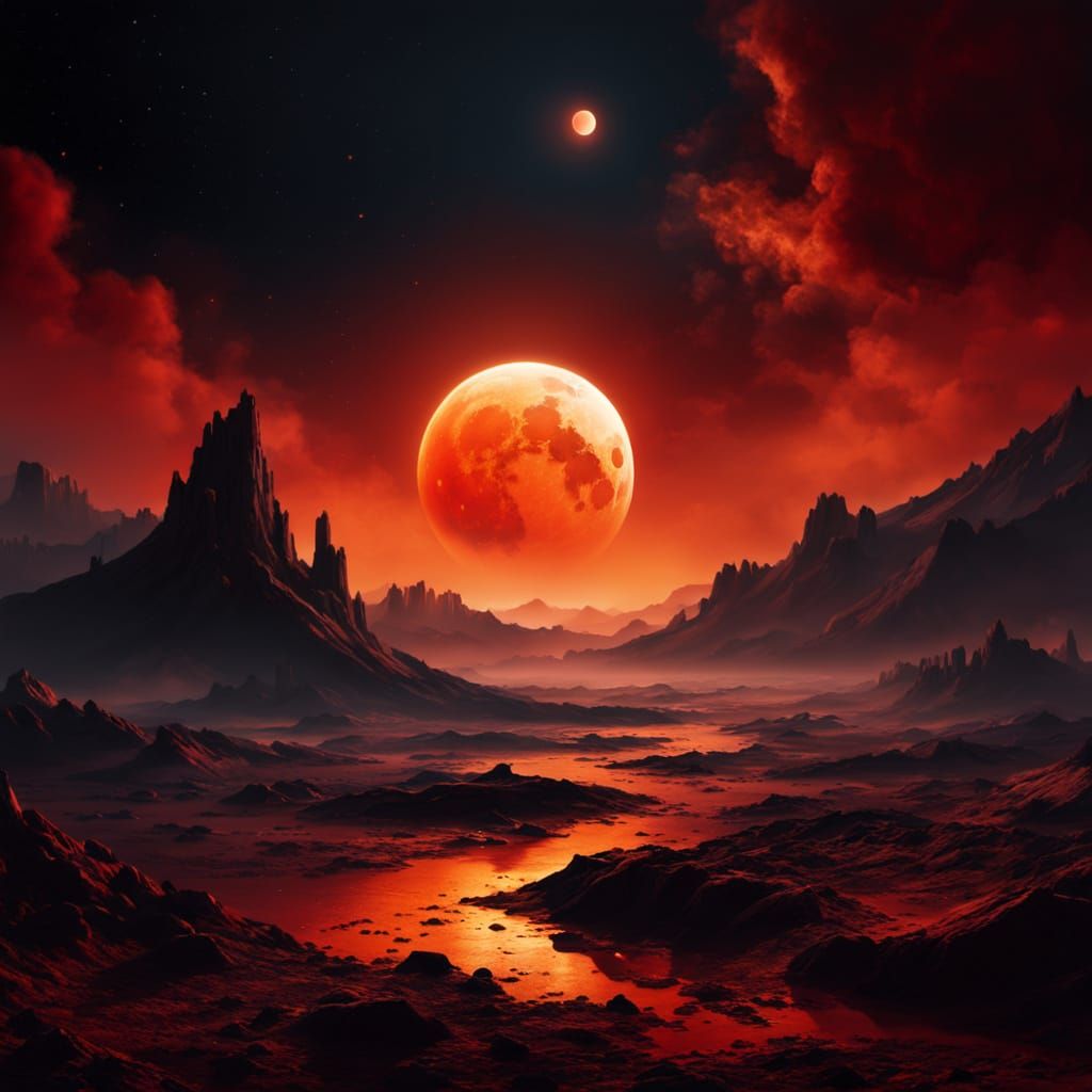 Blood-Red Moon Close-Up in Oil Painting Style