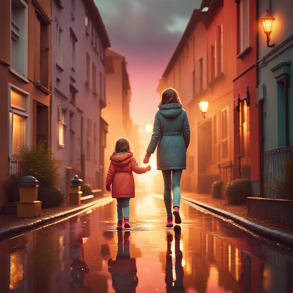 Mother and Daughter Stroll: Warm Digital Illustration
