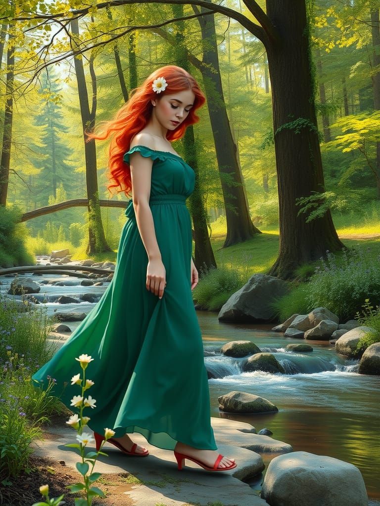 A Young Redhead Strolls Through a Lush Spring Forest in Emer...
