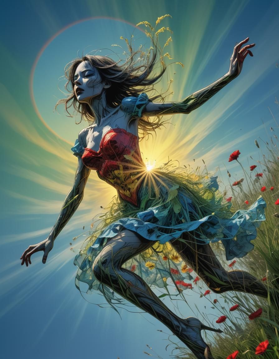 Sunrise Meadow with Dancing Figure in Embossed Style