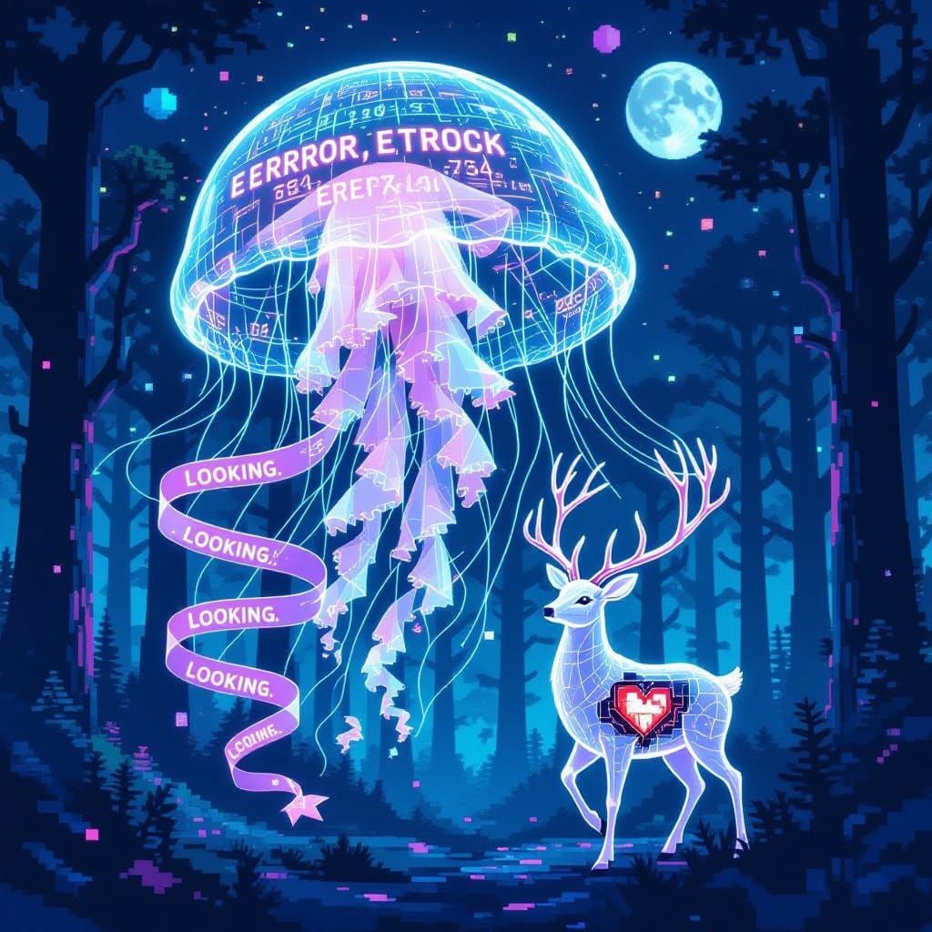Cosmic Glitch Art: Surreal Forest with Neon Jellyfish and Po...