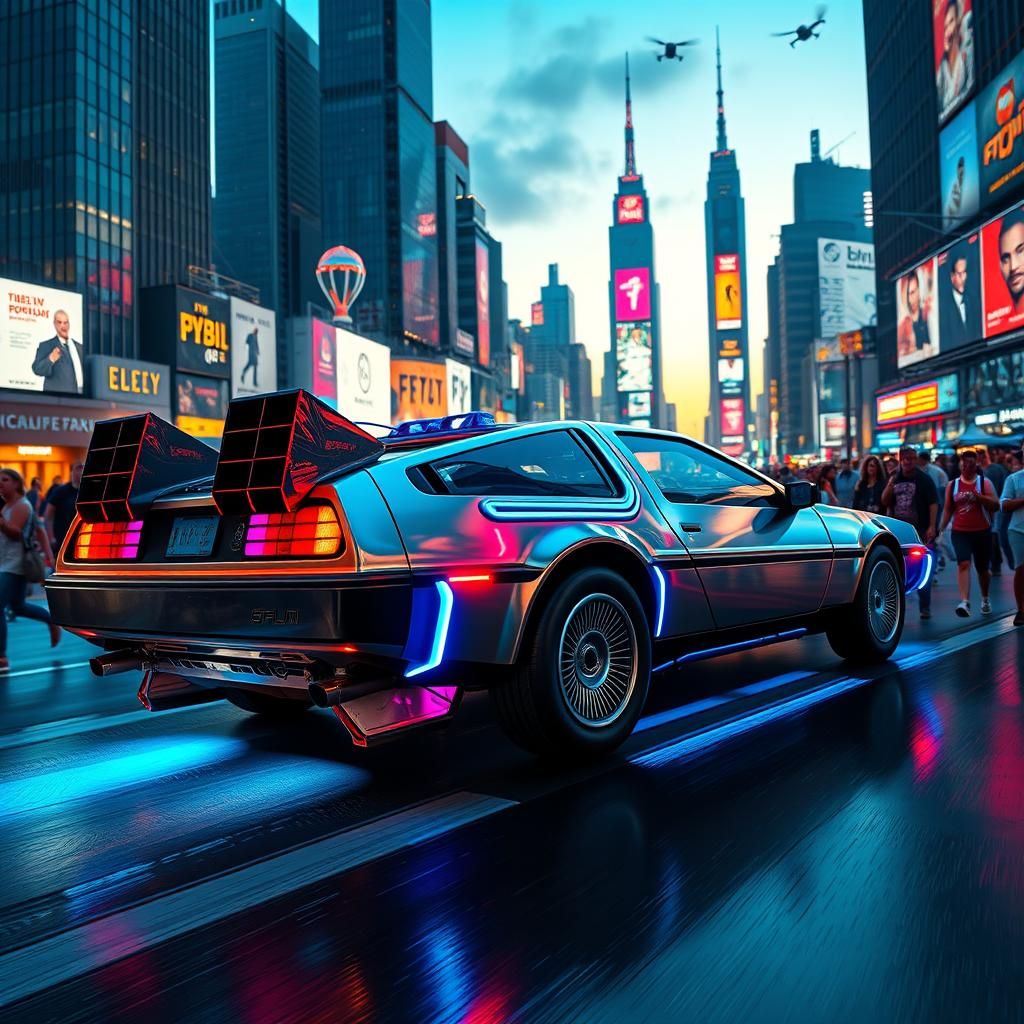 Main Prompt: Neon-Cyber DeLorean in a futuristic cityscape.
...