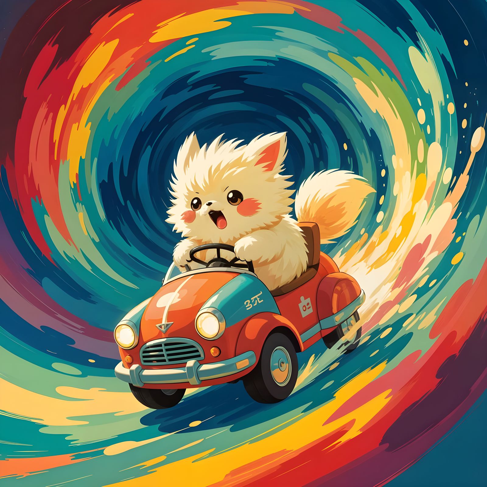 Fluffy Creature Pilots Retro Vehicle Through Abstract Vortex