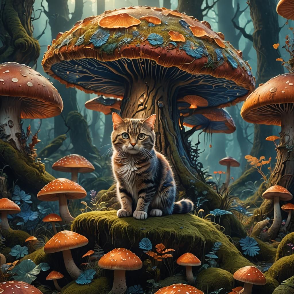 Mystical Cat on Mushroom: Fantasy Matte Painting