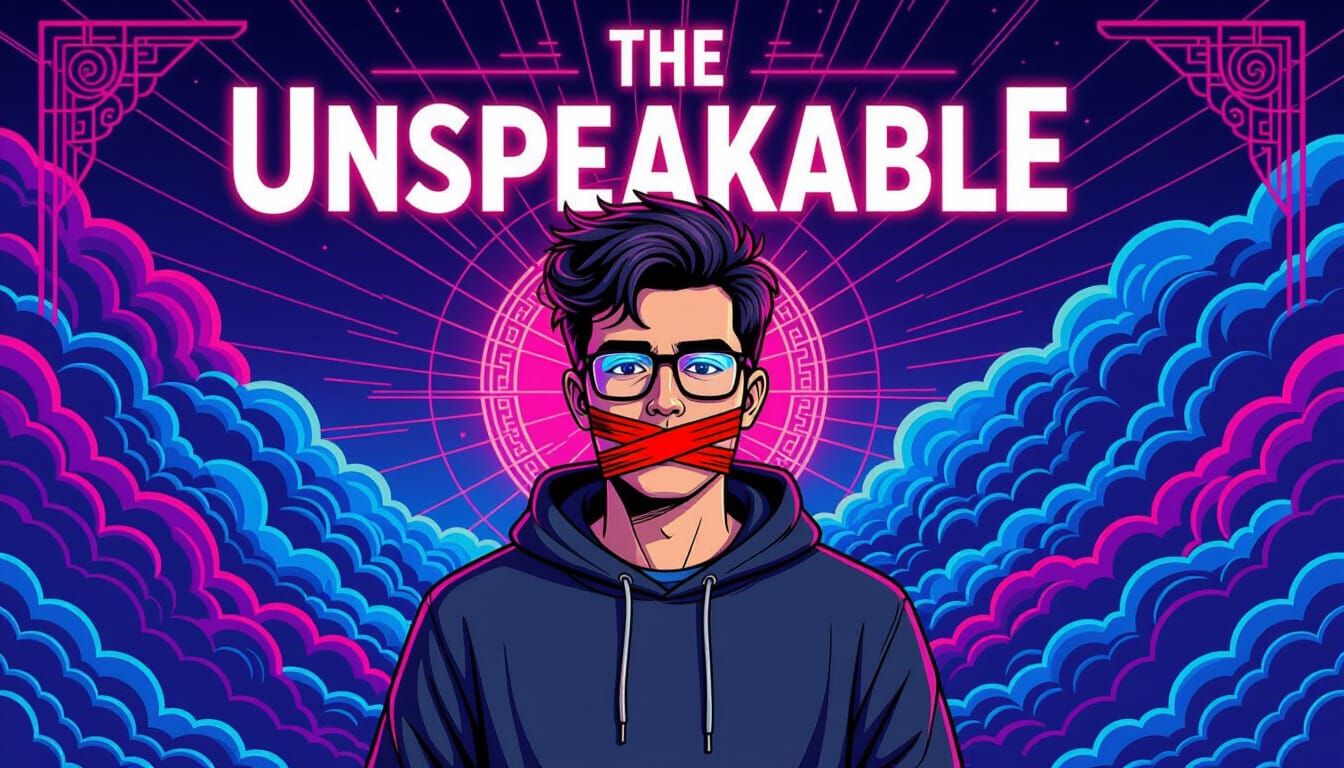 Man with Taped Mouth in Dystopian Futurism Style