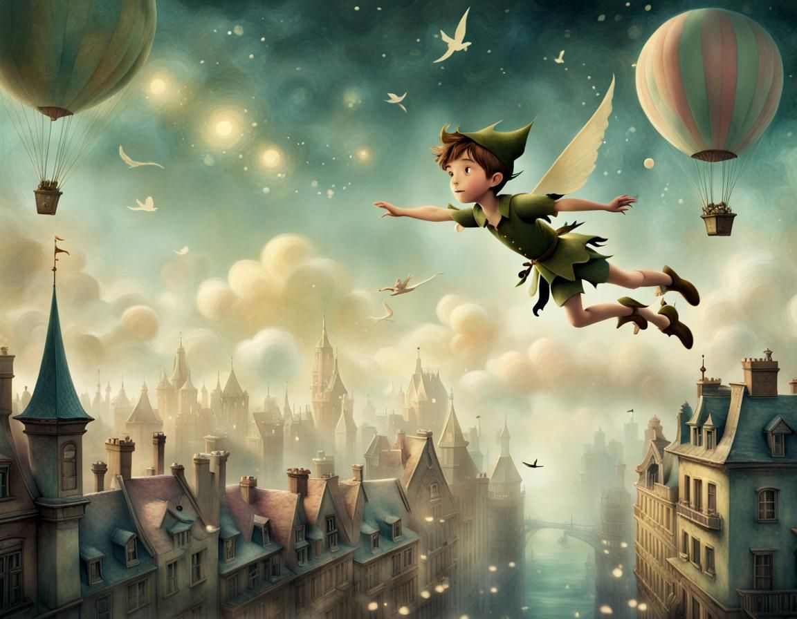 Peter Pan Flying in Dreamy Pastel Fantasy