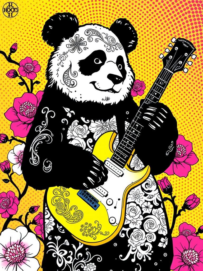Guitar-Playing Panda in Vibrant Pop Art Style