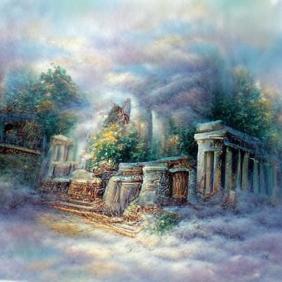 Ethereal Greek Temple Ruins in Fantasy Landscape