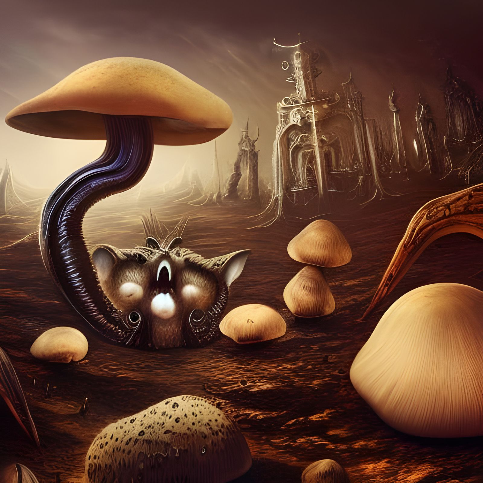 Surreal Mushroom Kitten Landscape in Detailed Art Style