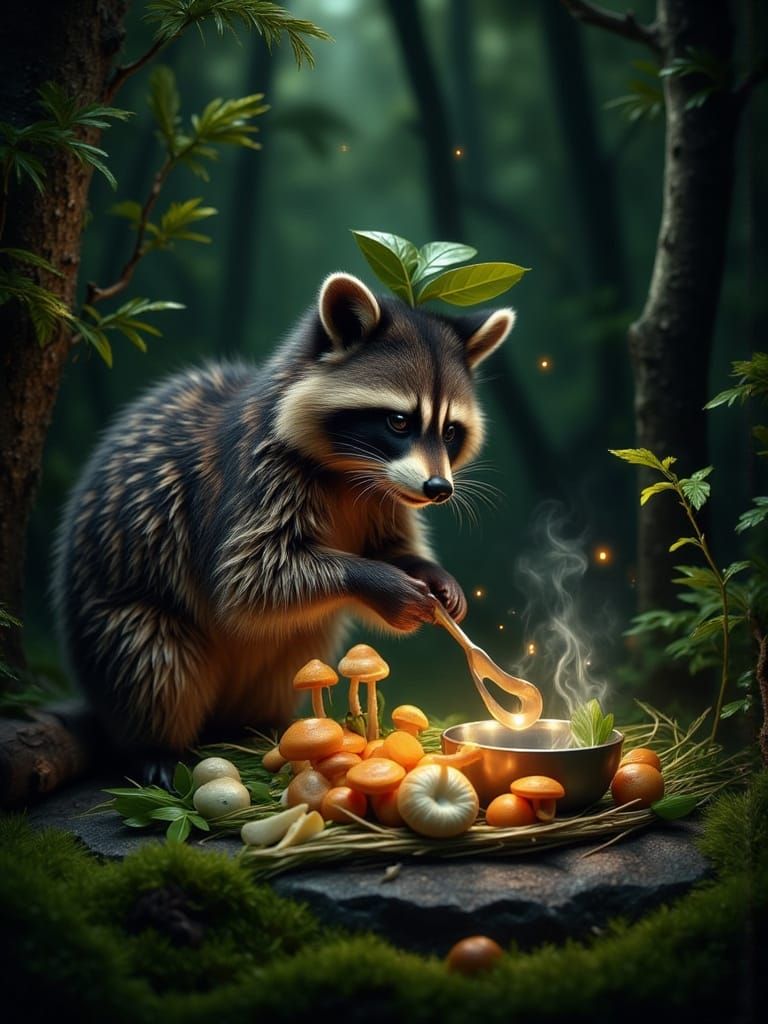 Raccoon Chef Prepares Forest Feast in Realistic Night Photo