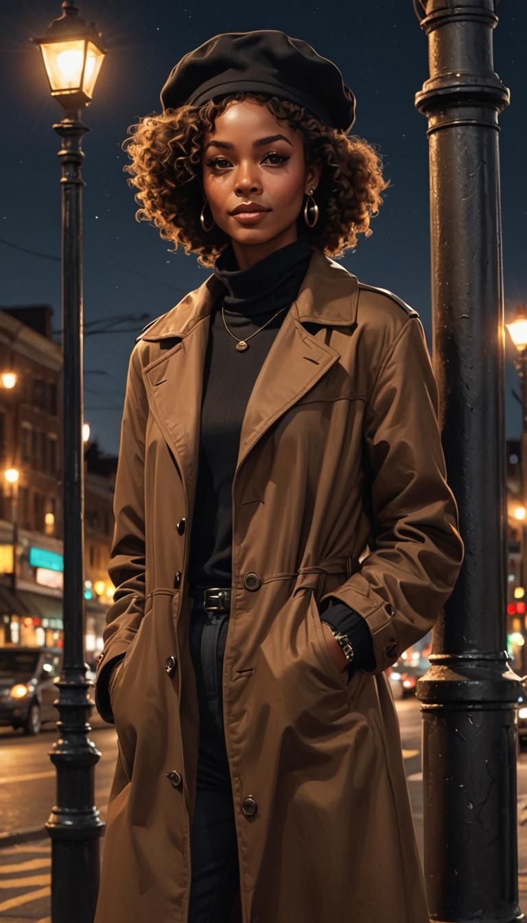 Girl Leaning on Lamppost in Art Nouveau Style