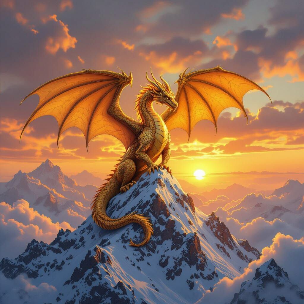 Golden Dragon Sunset: Hyperrealistic Digital Painting