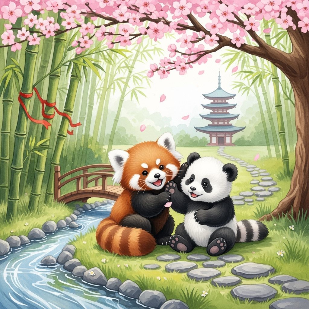Cute Panda Cubs Play in Bamboo Forest: Watercolor Style