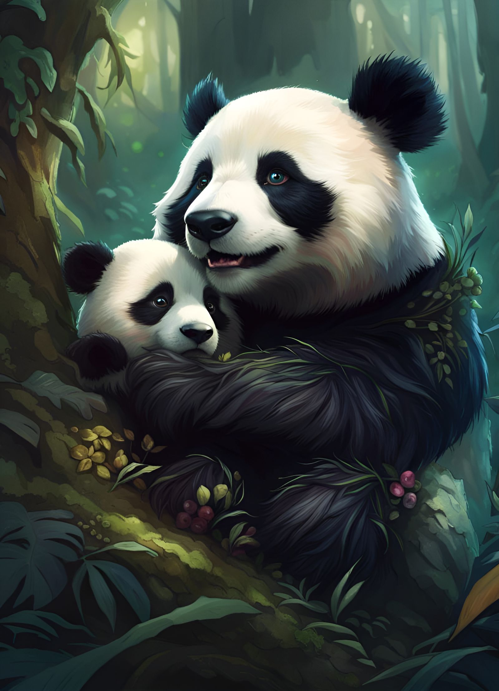 Panda Mascot Hugs Human in Fantasycore Forest