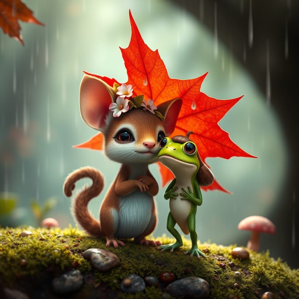 Jerboa and Frog Share Rainy Day Leaf Umbrella