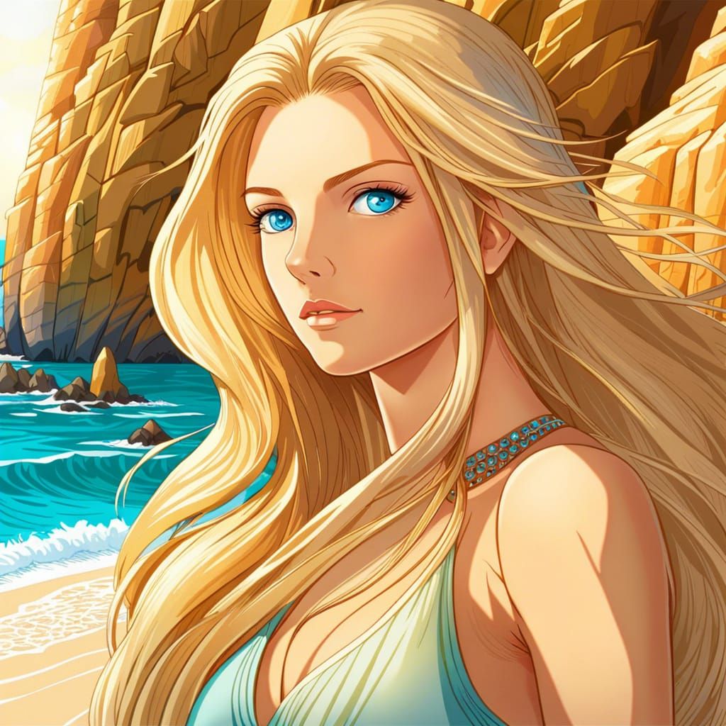 Sunburned Woman on Beach in Anime Style