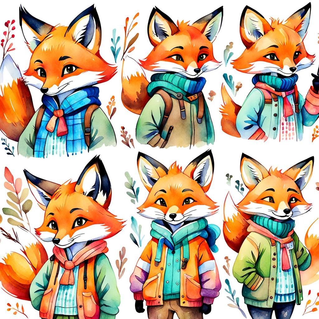 Whimsical Watercolor Cartoon of Fox in Clothes