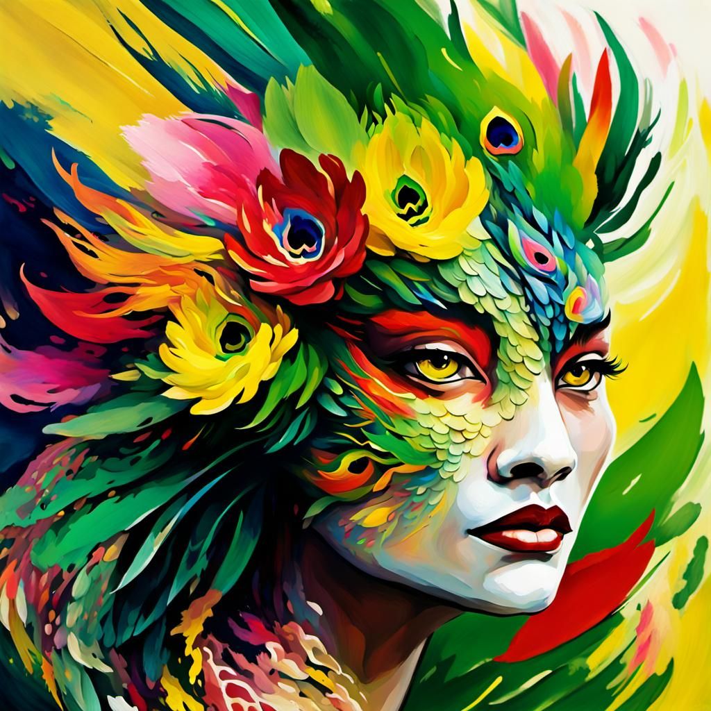Dragon Peacock Woman in Abstract Expressionism Style