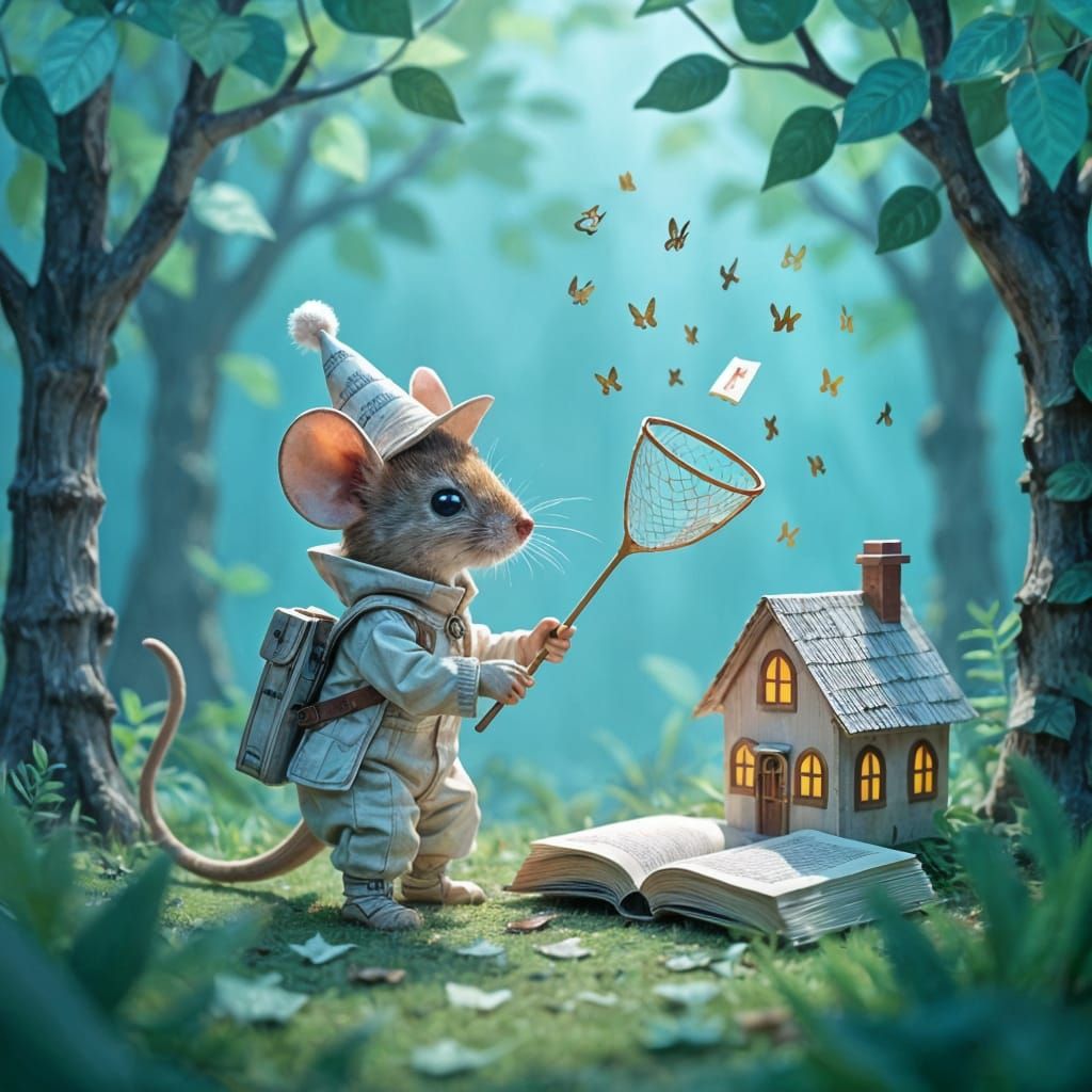 Mouse in Paper Forest Reads Alphabet in Ethereal Blue Light