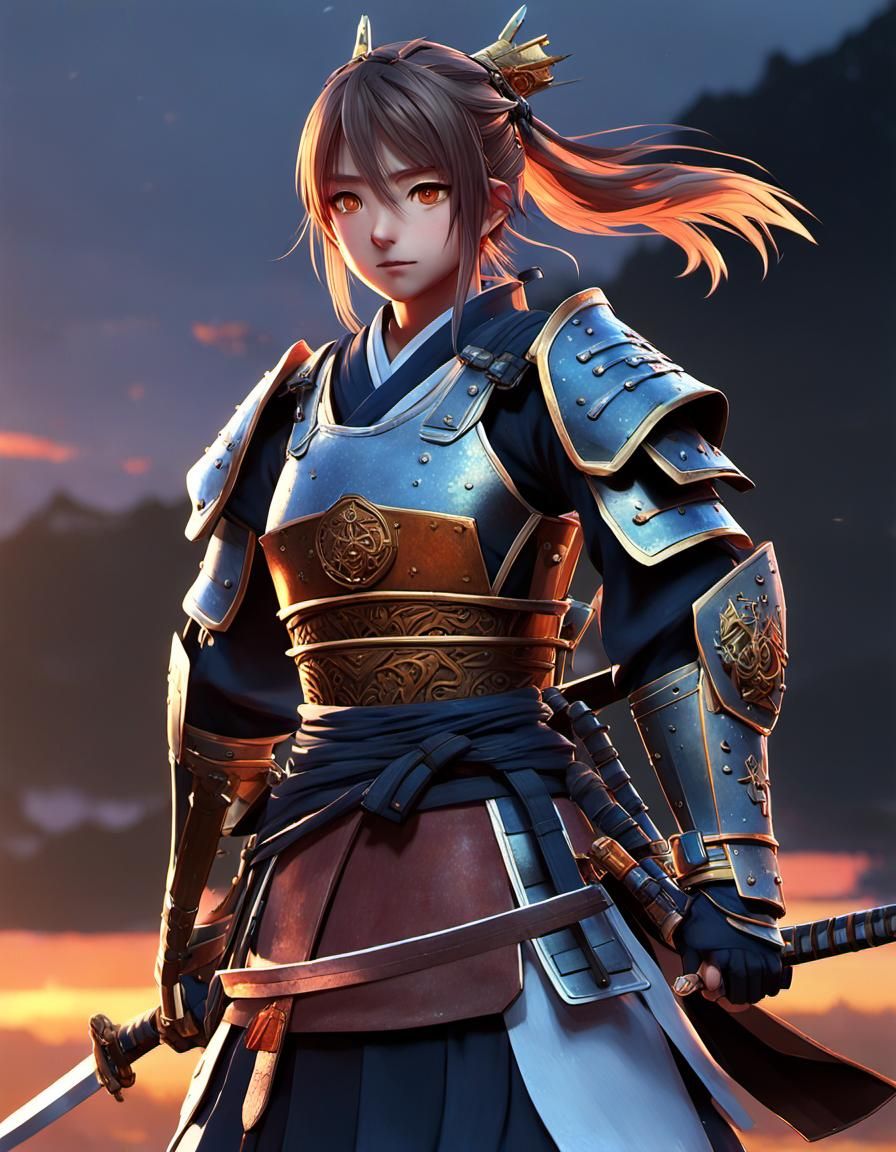 Anime Samurai Warrior in Japan at Sunset