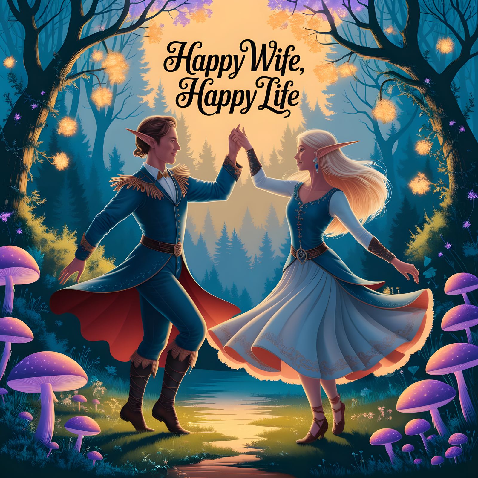 Dancing Elves in Magical Forest with Sunset Glow