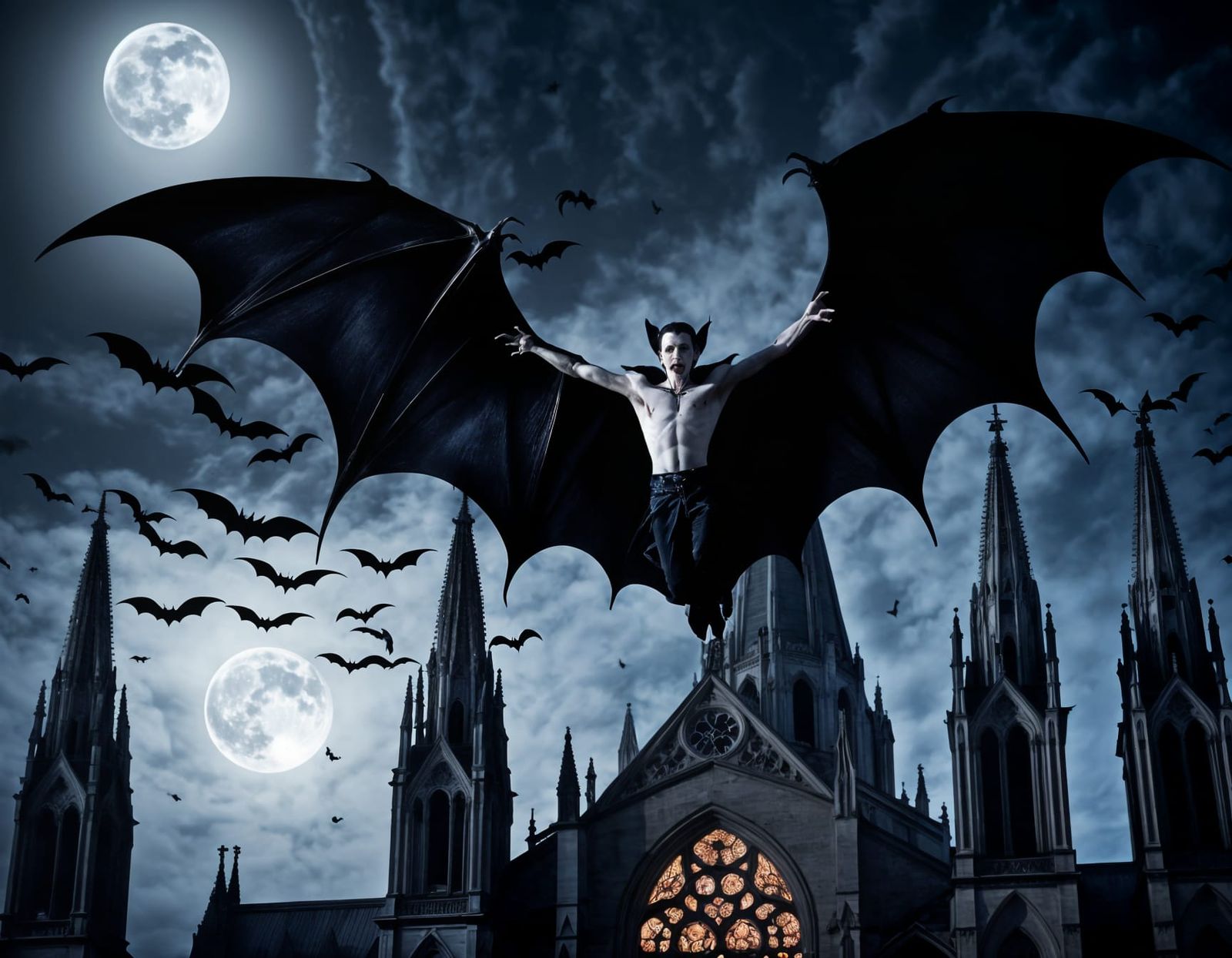 Winged Vampire Soaring Over Gothic Cathedral