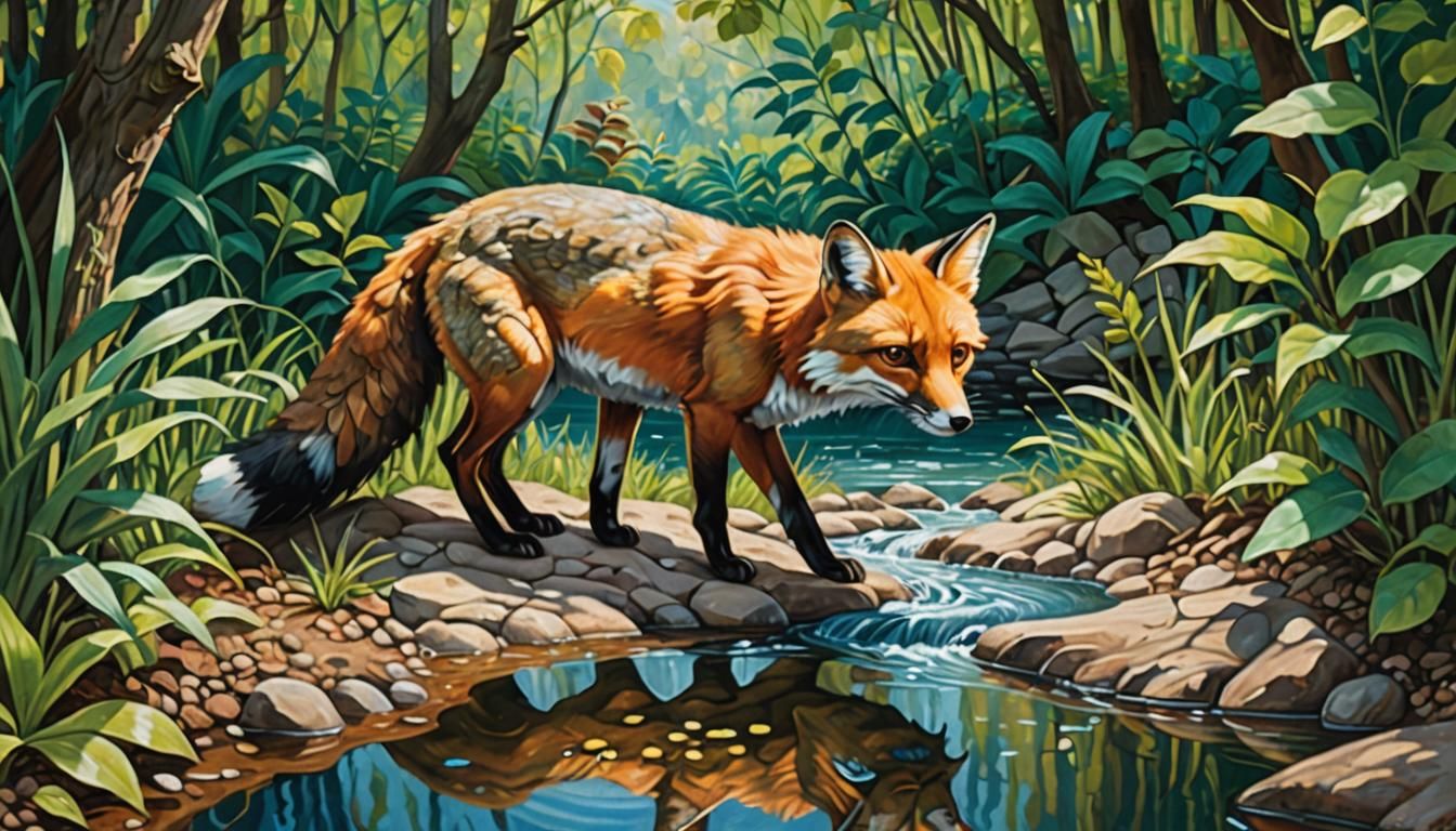 Darwin's Fox Drinking: A Rousseau-Inspired Oil Painting