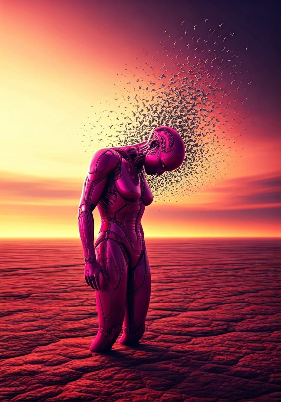 Magenta Biomech Figure in Surreal Dreamscape