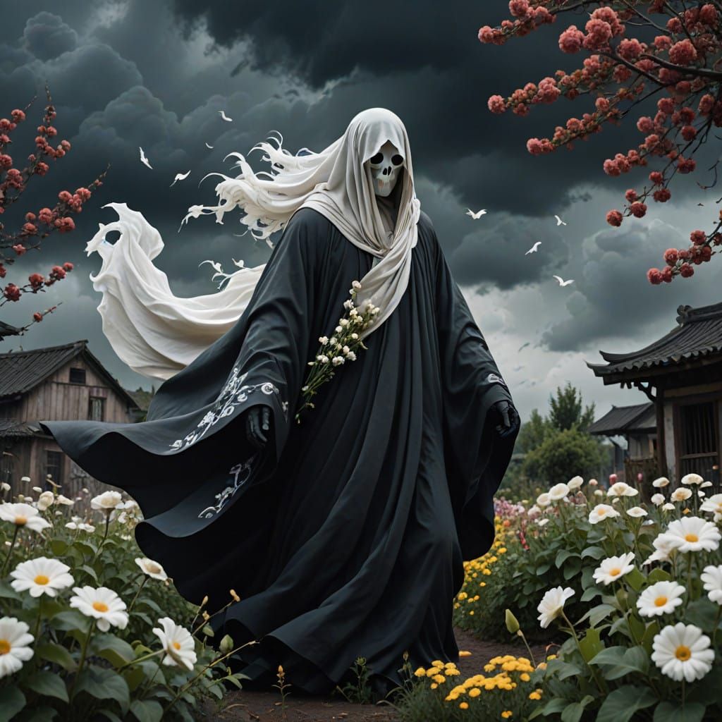 Ethereal Ghost Amidst Dark Stormy Skies with Vibrant Floral....