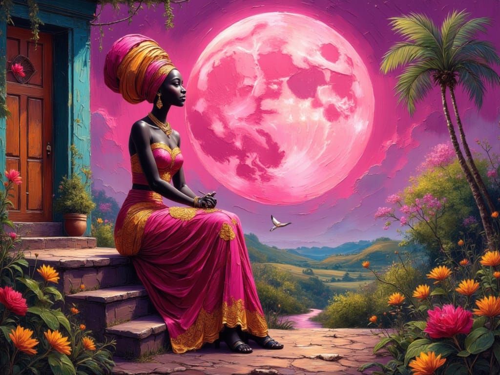 Pink Moon Over African Village: Impasto Painting