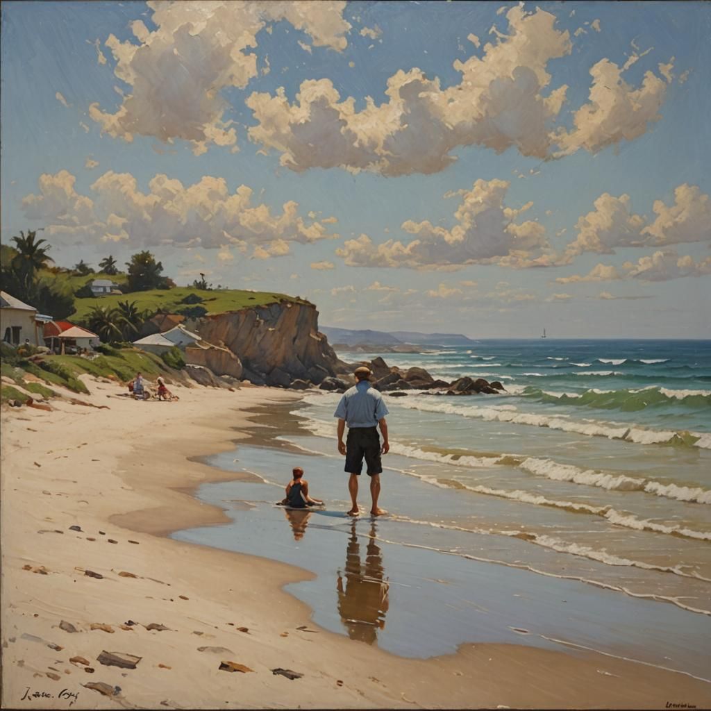 Idyllic Beach Scene in Oil Paint Style